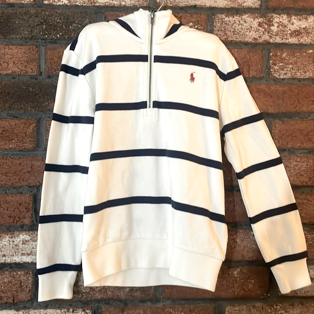 Boys white and navy striped Polo pullover